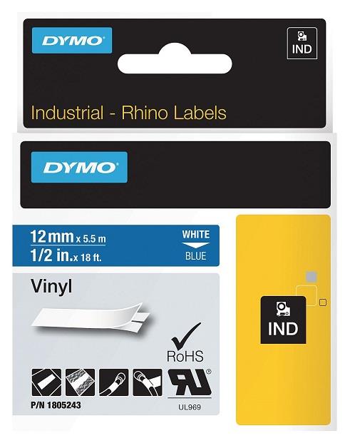 DYMO vinylová páska RHINO D1 12 mm x 5,5 m, bílá na modré, 1805243