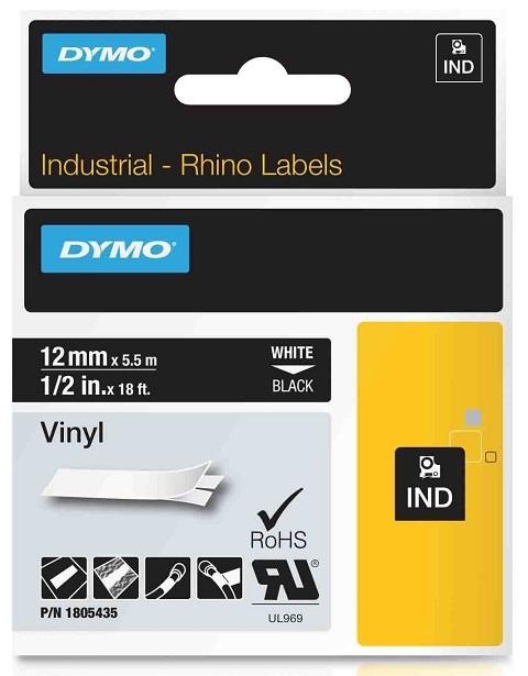 DYMO vinylová páska RHINO D1 12 mm x 5,5 m, bílá na černé, 1805435